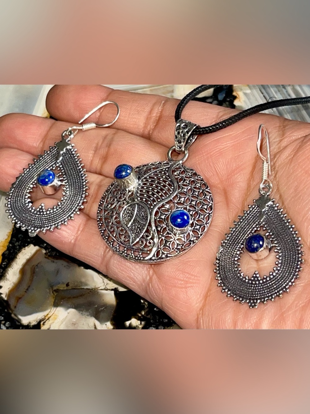 Lightweight Lapis Lazuli Crystal Pendant & Earrings Set